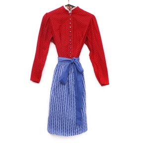 Vintage Dirndl folk dress, small size red white floral pattern dress, blue apron
